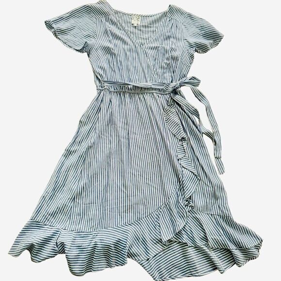 NAÏF Dress Sz S Faux Wrap Vneck With Snap Striped Ruffle Rayon Tie Waist Mini - Picture 1 of 9